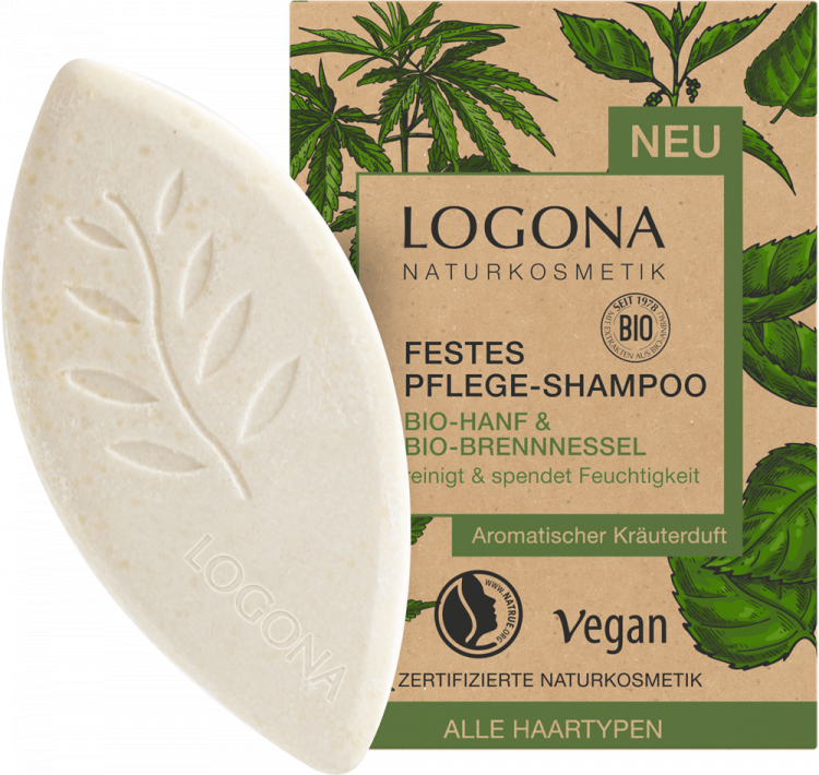 LOGONA Твёрдый шампунь-уход с био-коноплёй и био-крапивой 60 г